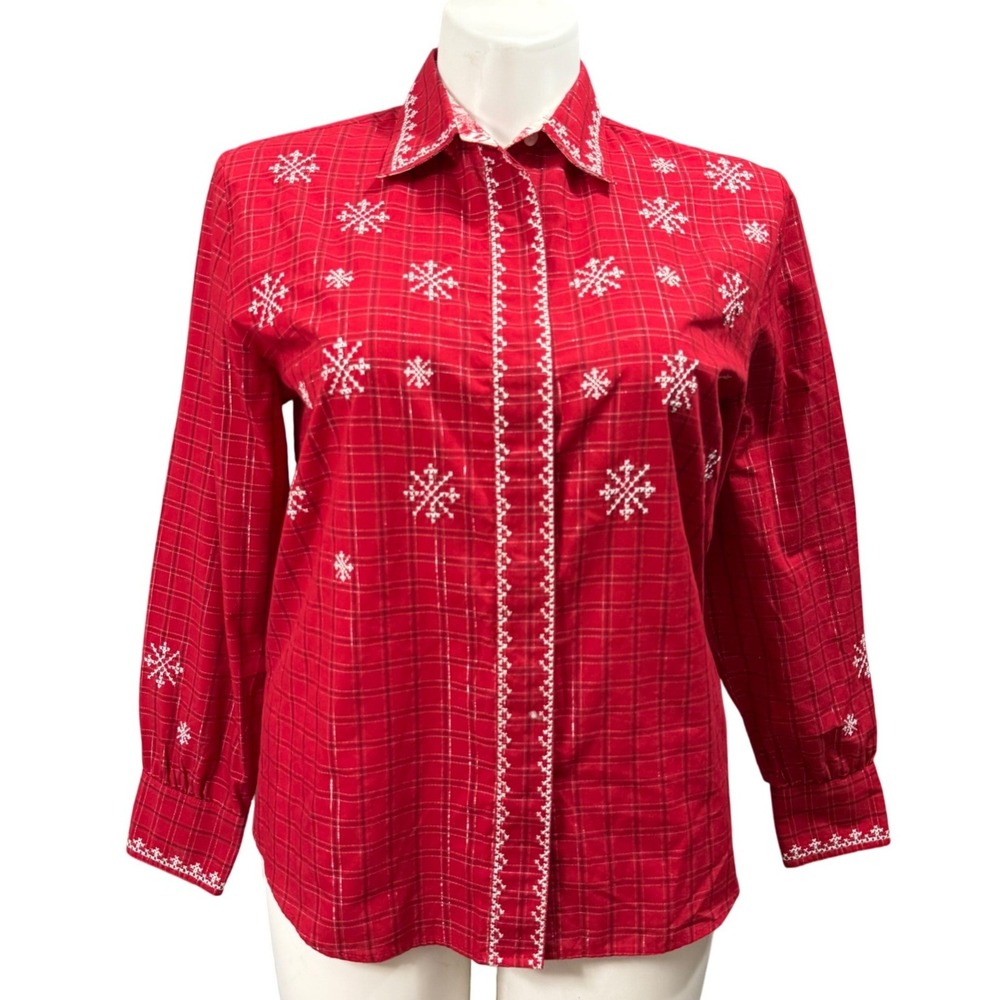 Karen Scott Sport Red Plaid Snowflake Embroidered Lurex Shirt Womens Medium